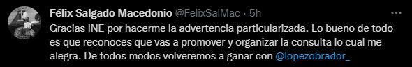 El morenista "agradeció" la advertencia que el INE le hizo sobre su participación en la revocación de mandato (Foto: Twitter)