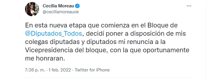 Cecilia Moreau renunció como vicepresidenta del bloque de diputados del Frente de Todos